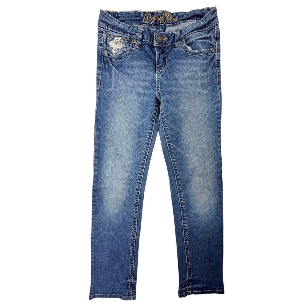 Request Jeans Girls Size 12 Bootcut Stretch Denim Embellished Pocket Medium Wash